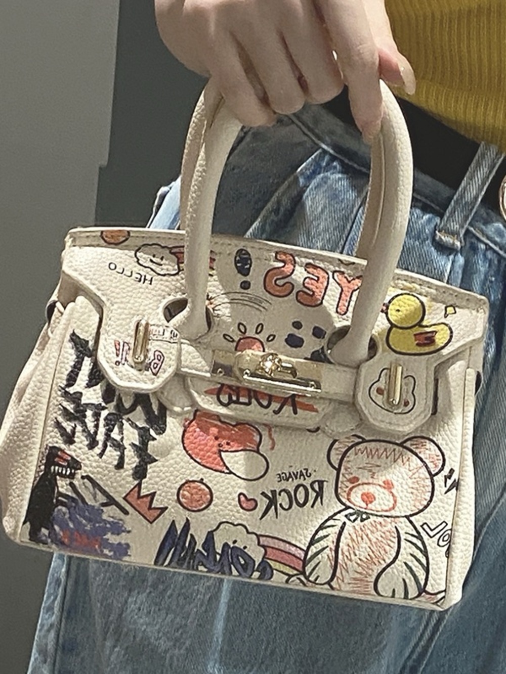 White Graffiti Print Top-Handle Bag - Picture 15 of 16